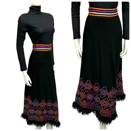 VTG 70S BLACK PURPLE ORANGE HIPPY WOOL FRINGE GEOMETRIC EMBROIDERED SKIRT 6 8