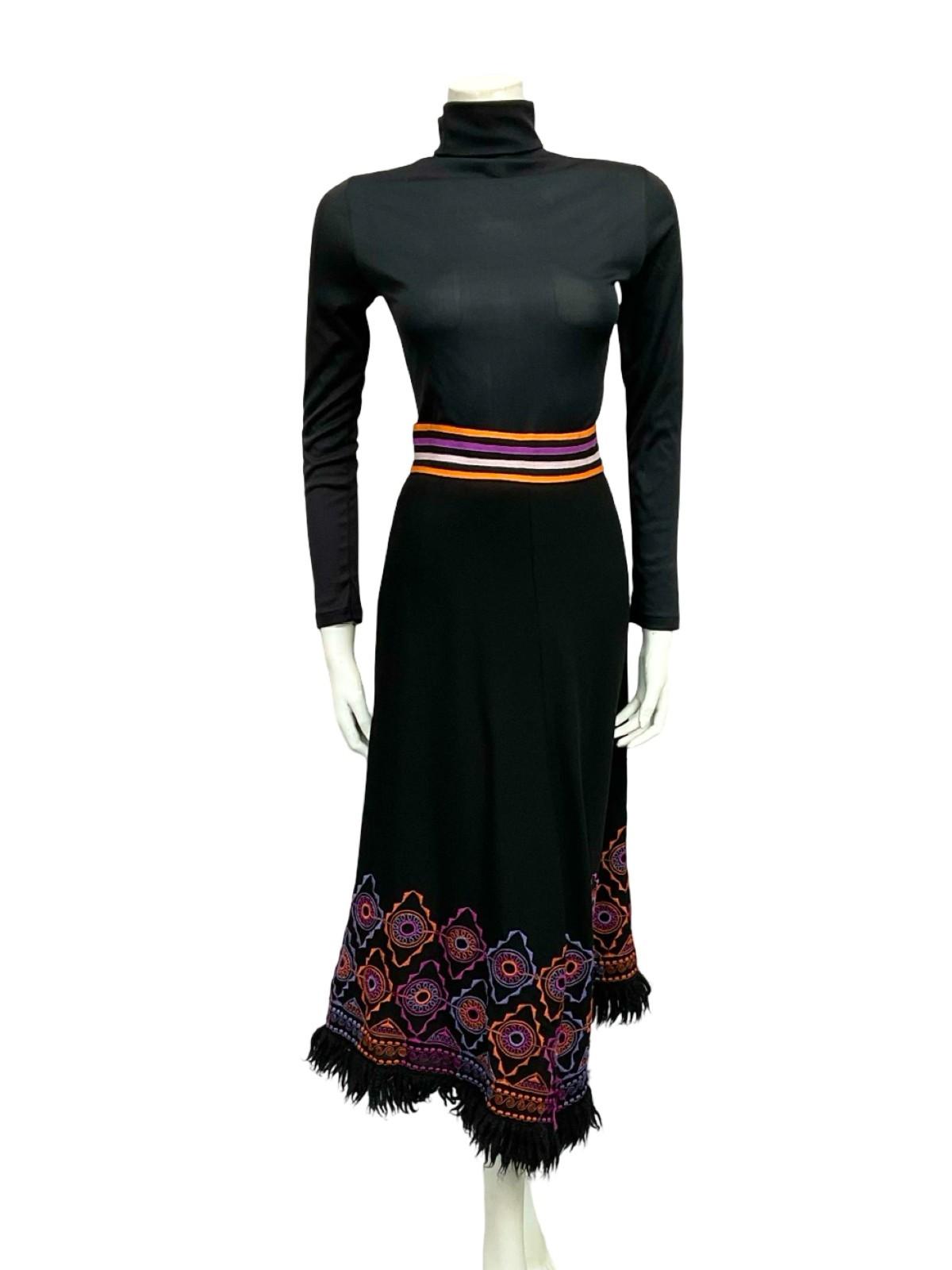 VTG 70S BLACK PURPLE ORANGE HIPPY WOOL FRINGE GEOMETRIC EMBROIDERED SKIRT 6 8