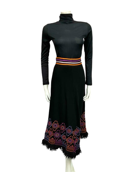 VTG 70S BLACK PURPLE ORANGE HIPPY WOOL FRINGE GEOMETRIC EMBROIDERED SKIRT 6 8