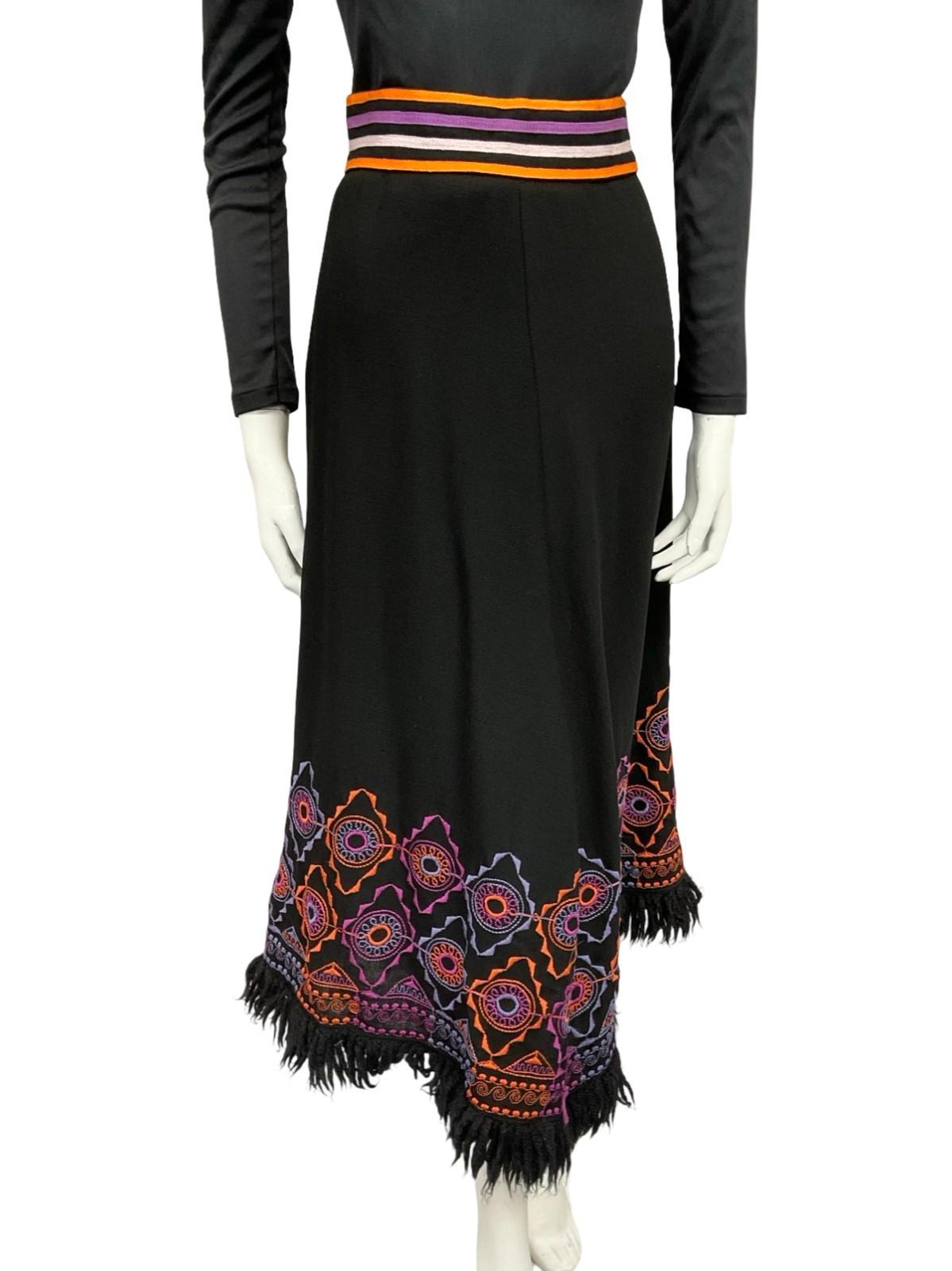 VTG 70S BLACK PURPLE ORANGE HIPPY WOOL FRINGE GEOMETRIC EMBROIDERED SKIRT 6 8