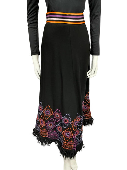 VTG 70S BLACK PURPLE ORANGE HIPPY WOOL FRINGE GEOMETRIC EMBROIDERED SKIRT 6 8