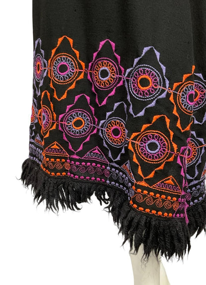 VTG 70S BLACK PURPLE ORANGE HIPPY WOOL FRINGE GEOMETRIC EMBROIDERED SKIRT 6 8