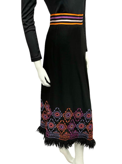VTG 70S BLACK PURPLE ORANGE HIPPY WOOL FRINGE GEOMETRIC EMBROIDERED SKIRT 6 8
