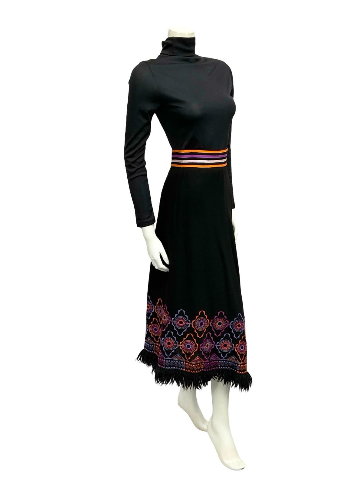 VTG 70S BLACK PURPLE ORANGE HIPPY WOOL FRINGE GEOMETRIC EMBROIDERED SKIRT 6 8