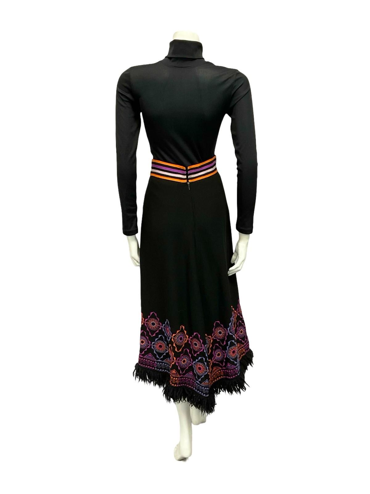VTG 70S BLACK PURPLE ORANGE HIPPY WOOL FRINGE GEOMETRIC EMBROIDERED SKIRT 6 8