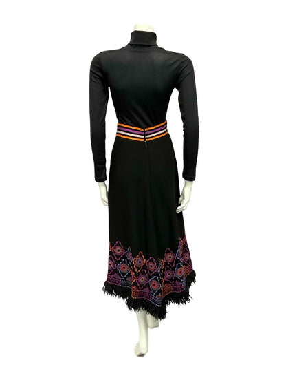 VTG 70S BLACK PURPLE ORANGE HIPPY WOOL FRINGE GEOMETRIC EMBROIDERED SKIRT 6 8