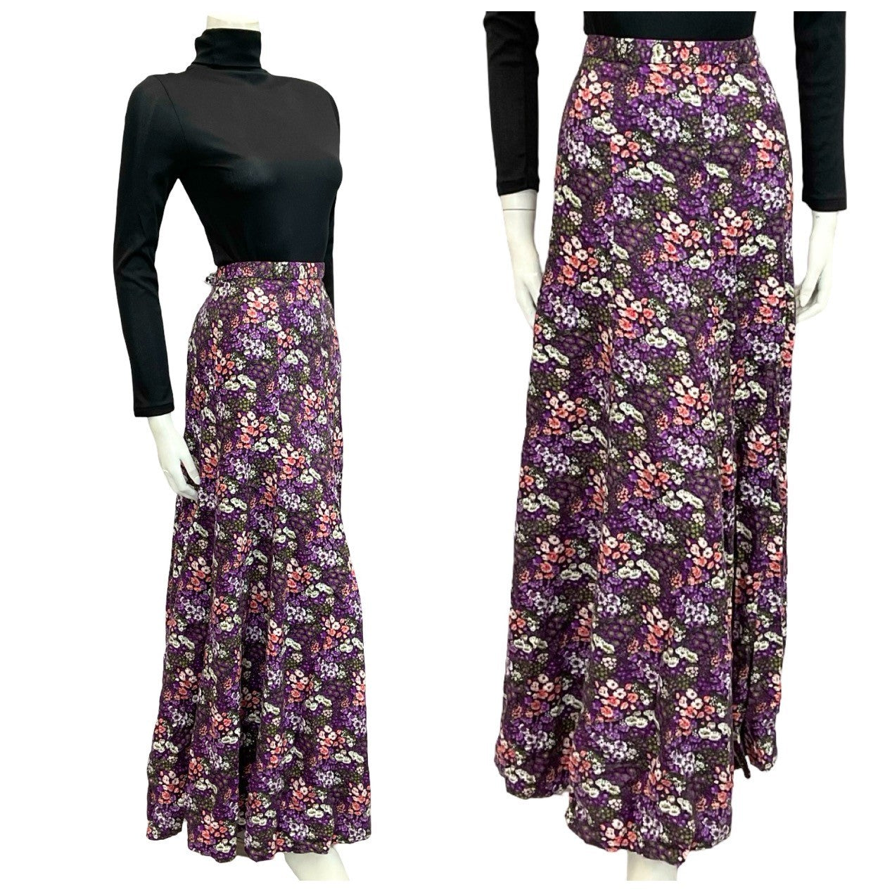 VTG 70S BLACK PURPLE WHITE PINK FLORAL FLOATY A LINE BOHO MAXI SKIRT 8 10 S