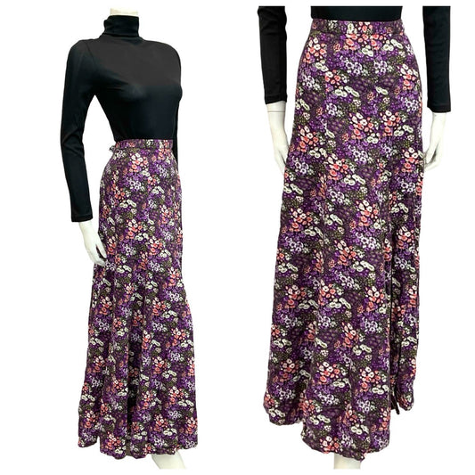 VTG 70S BLACK PURPLE WHITE PINK FLORAL FLOATY A LINE BOHO MAXI SKIRT 8 10 S