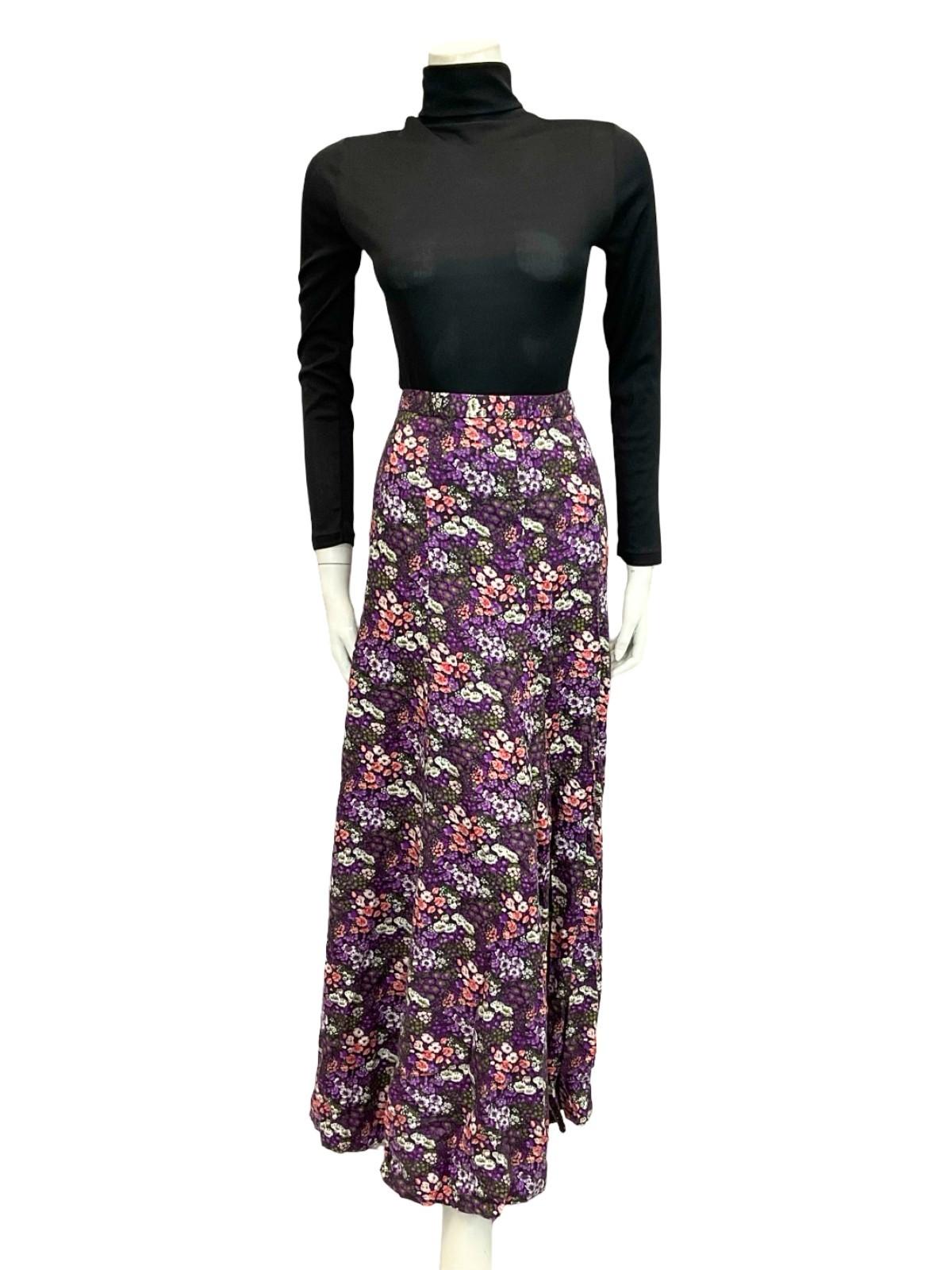 VTG 70S BLACK PURPLE WHITE PINK FLORAL FLOATY A LINE BOHO MAXI SKIRT 8 10 S