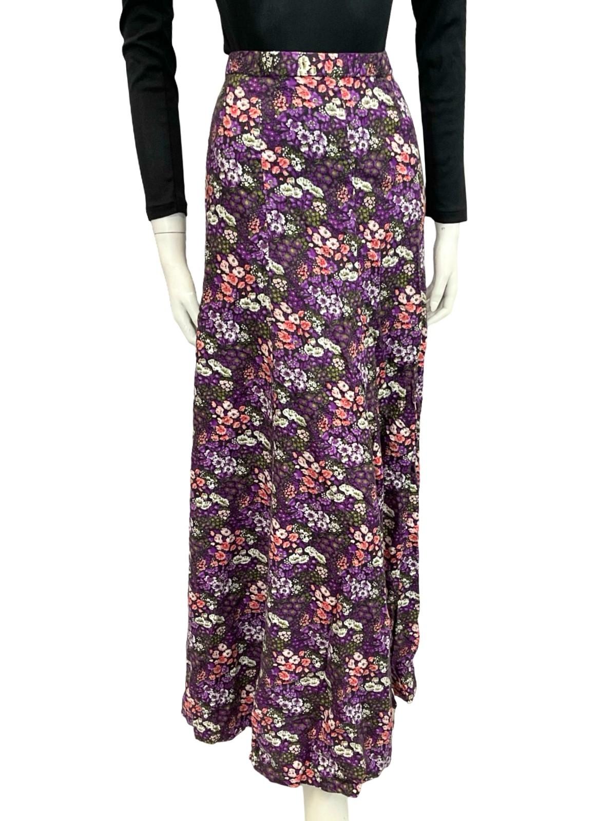 VTG 70S BLACK PURPLE WHITE PINK FLORAL FLOATY A LINE BOHO MAXI SKIRT 8 10 S