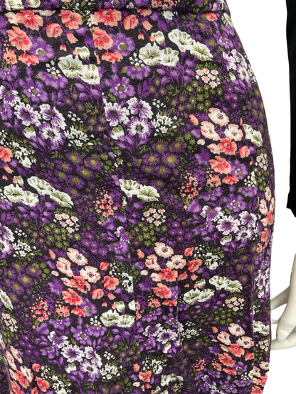 VTG 70S BLACK PURPLE WHITE PINK FLORAL FLOATY A LINE BOHO MAXI SKIRT 8 10 S