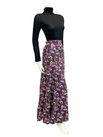 VTG 70S BLACK PURPLE WHITE PINK FLORAL FLOATY A LINE BOHO MAXI SKIRT 8 10 S