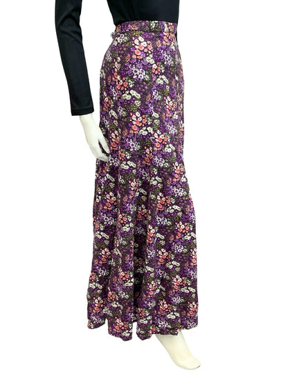 VTG 70S BLACK PURPLE WHITE PINK FLORAL FLOATY A LINE BOHO MAXI SKIRT 8 10 S