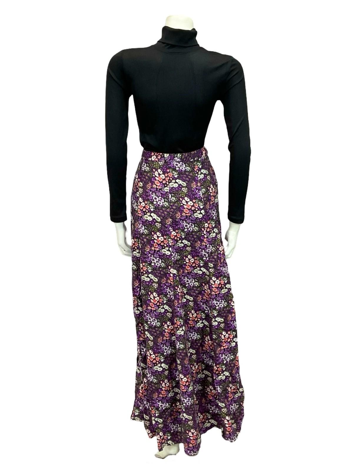 VTG 70S BLACK PURPLE WHITE PINK FLORAL FLOATY A LINE BOHO MAXI SKIRT 8 10 S