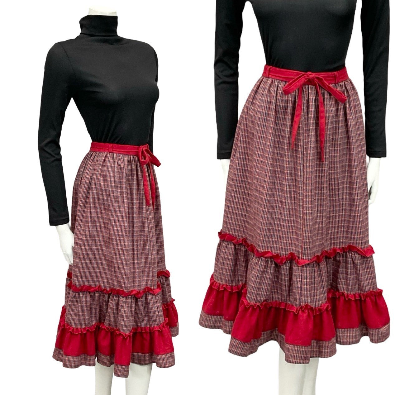 VTG 60S 70S RED BLUE GREEN RUFFLE TIE WAIST TIERED WOOL BLEND MIDI SKIRT 8