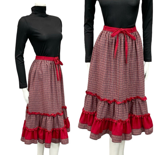 VTG 60S 70S RED BLUE GREEN RUFFLE TIE WAIST TIERED WOOL BLEND MIDI SKIRT 8