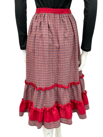 VTG 60S 70S RED BLUE GREEN RUFFLE TIE WAIST TIERED WOOL BLEND MIDI SKIRT 8