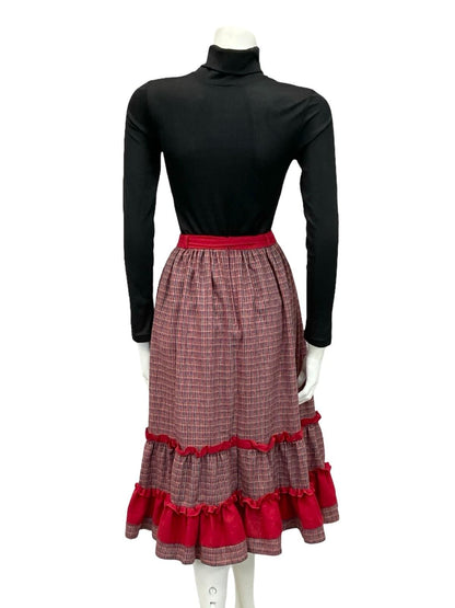 VTG 60S 70S RED BLUE GREEN RUFFLE TIE WAIST TIERED WOOL BLEND MIDI SKIRT 8