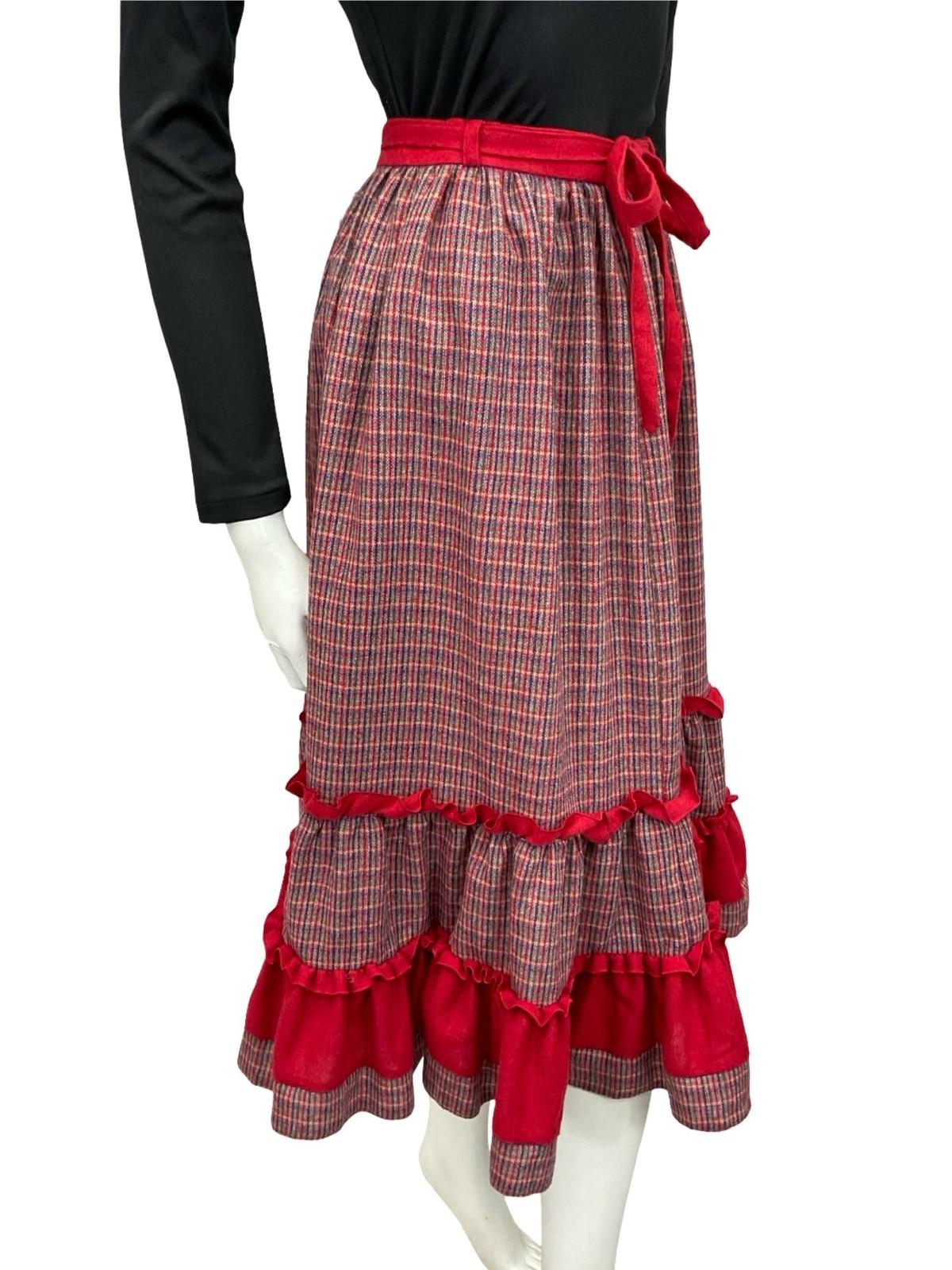 VTG 60S 70S RED BLUE GREEN RUFFLE TIE WAIST TIERED WOOL BLEND MIDI SKIRT 8