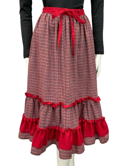 VTG 60S 70S RED BLUE GREEN RUFFLE TIE WAIST TIERED WOOL BLEND MIDI SKIRT 8