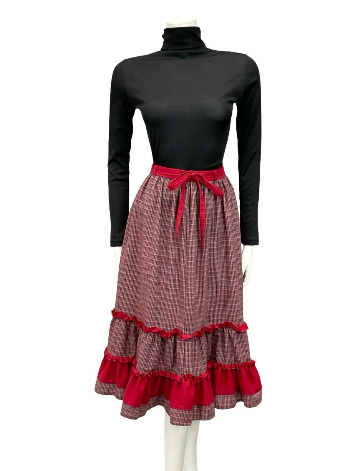 VTG 60S 70S RED BLUE GREEN RUFFLE TIE WAIST TIERED WOOL BLEND MIDI SKIRT 8