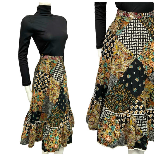 VTG 60S 70S BLACK WHITE YELLOW BLUE RIC RAC RUFFLE CIRCLE MIDI SKIRT XS 6