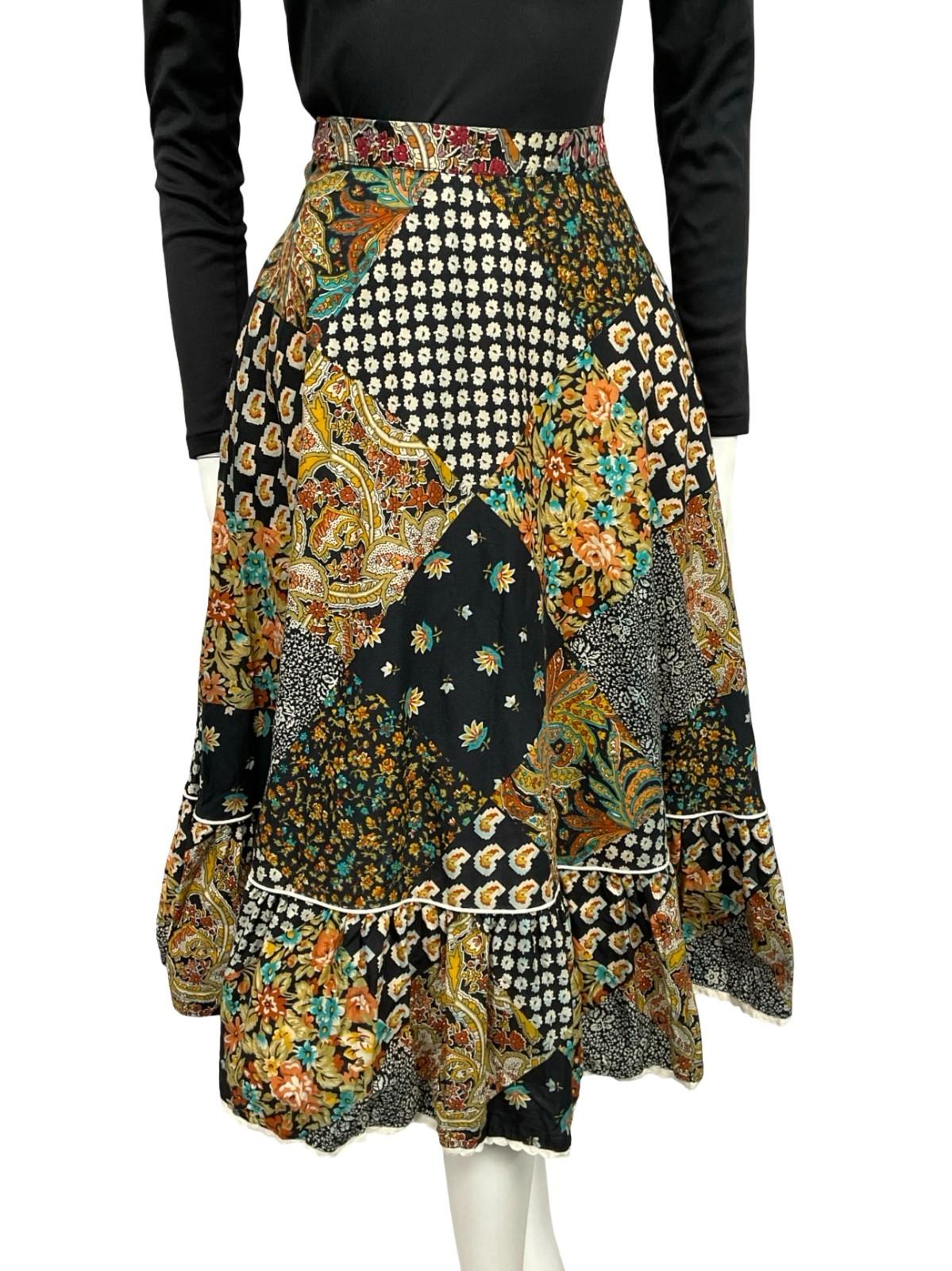 VTG 60S 70S BLACK WHITE YELLOW BLUE RIC RAC RUFFLE CIRCLE MIDI SKIRT XS 6