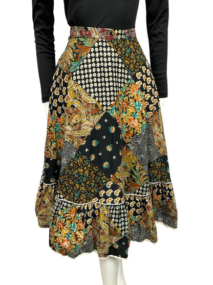 VTG 60S 70S BLACK WHITE YELLOW BLUE RIC RAC RUFFLE CIRCLE MIDI SKIRT XS 6