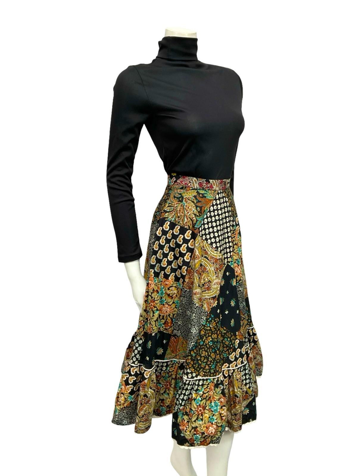 VTG 60S 70S BLACK WHITE YELLOW BLUE RIC RAC RUFFLE CIRCLE MIDI SKIRT XS 6