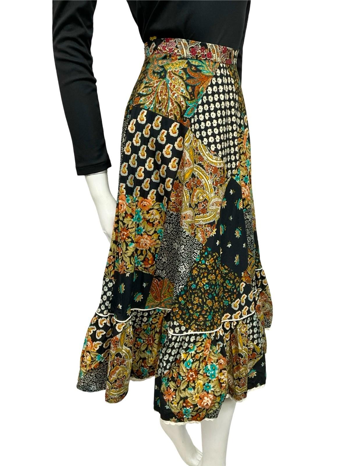 VTG 60S 70S BLACK WHITE YELLOW BLUE RIC RAC RUFFLE CIRCLE MIDI SKIRT XS 6