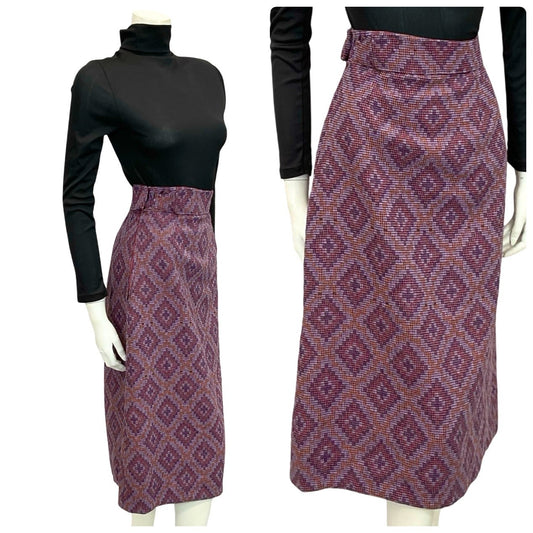 VTG 60S 70S PURPLE ORANGE GEOMETRIC DIAMOND WOVEN WOOL PENCIL MIDI SKIRT 10 12