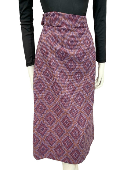 VTG 60S 70S PURPLE ORANGE GEOMETRIC DIAMOND WOVEN WOOL PENCIL MIDI SKIRT 10 12
