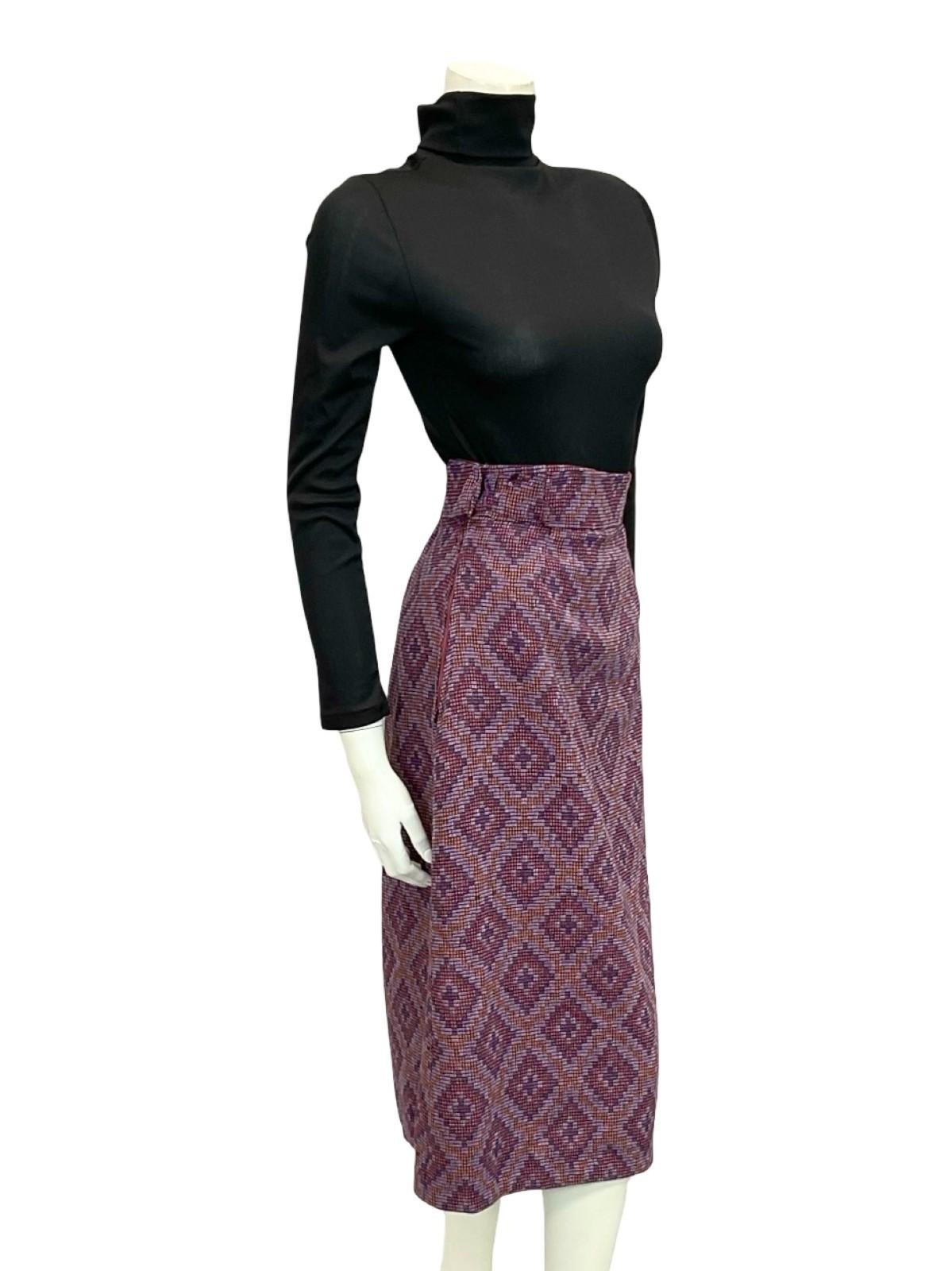 VTG 60S 70S PURPLE ORANGE GEOMETRIC DIAMOND WOVEN WOOL PENCIL MIDI SKIRT 10 12