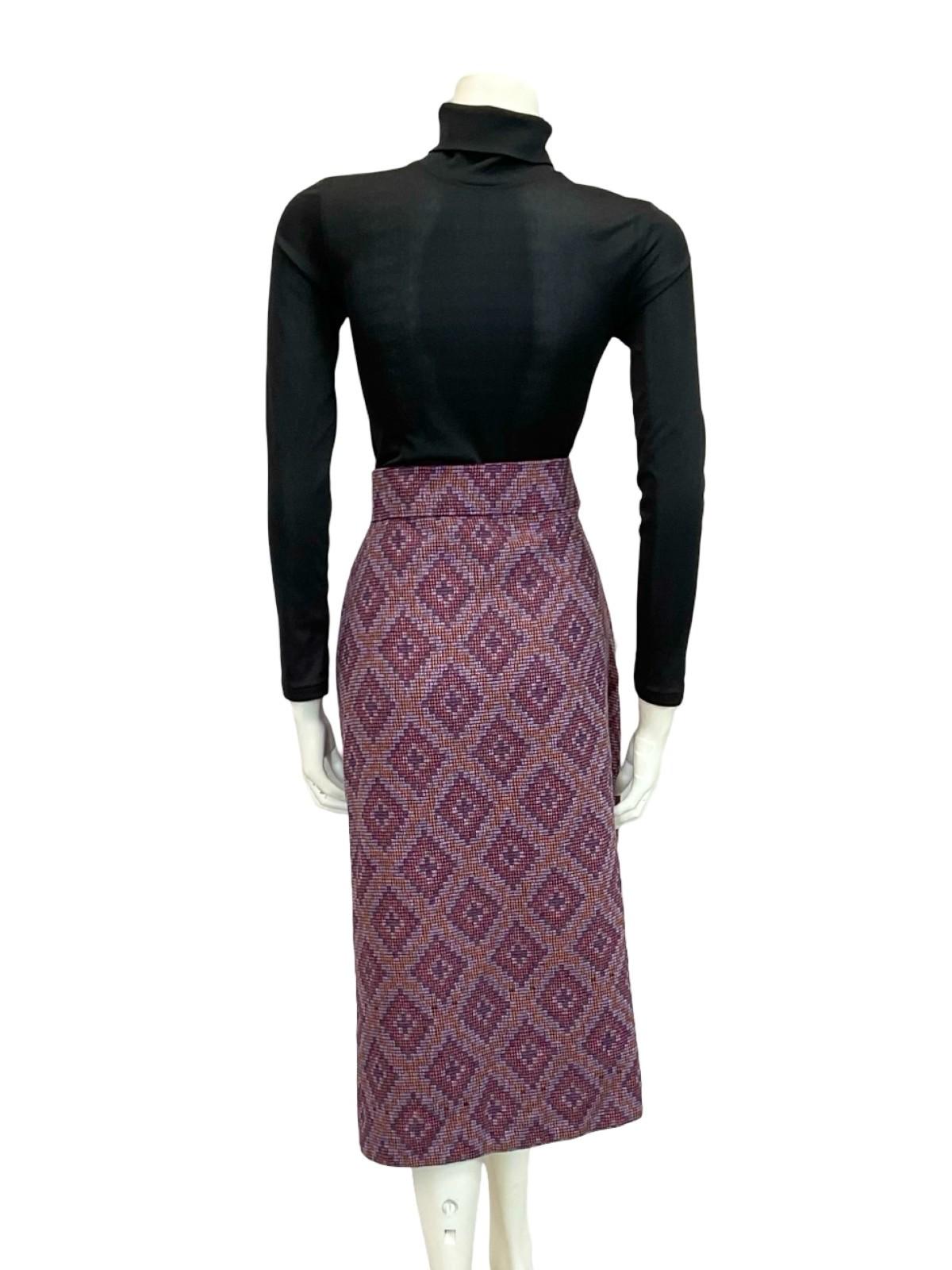 VTG 60S 70S PURPLE ORANGE GEOMETRIC DIAMOND WOVEN WOOL PENCIL MIDI SKIRT 10 12