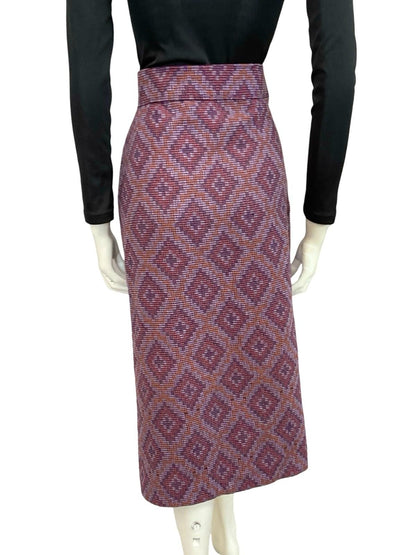 VTG 60S 70S PURPLE ORANGE GEOMETRIC DIAMOND WOVEN WOOL PENCIL MIDI SKIRT 10 12