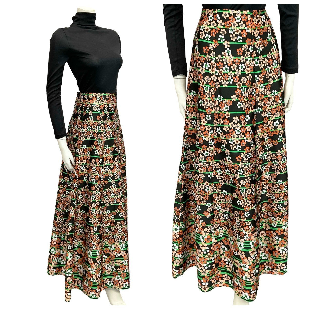 VTG 70S BLACK WHITE BROWN GREEN STRIPE FLORAL BOHO MAXI SKIRT 8