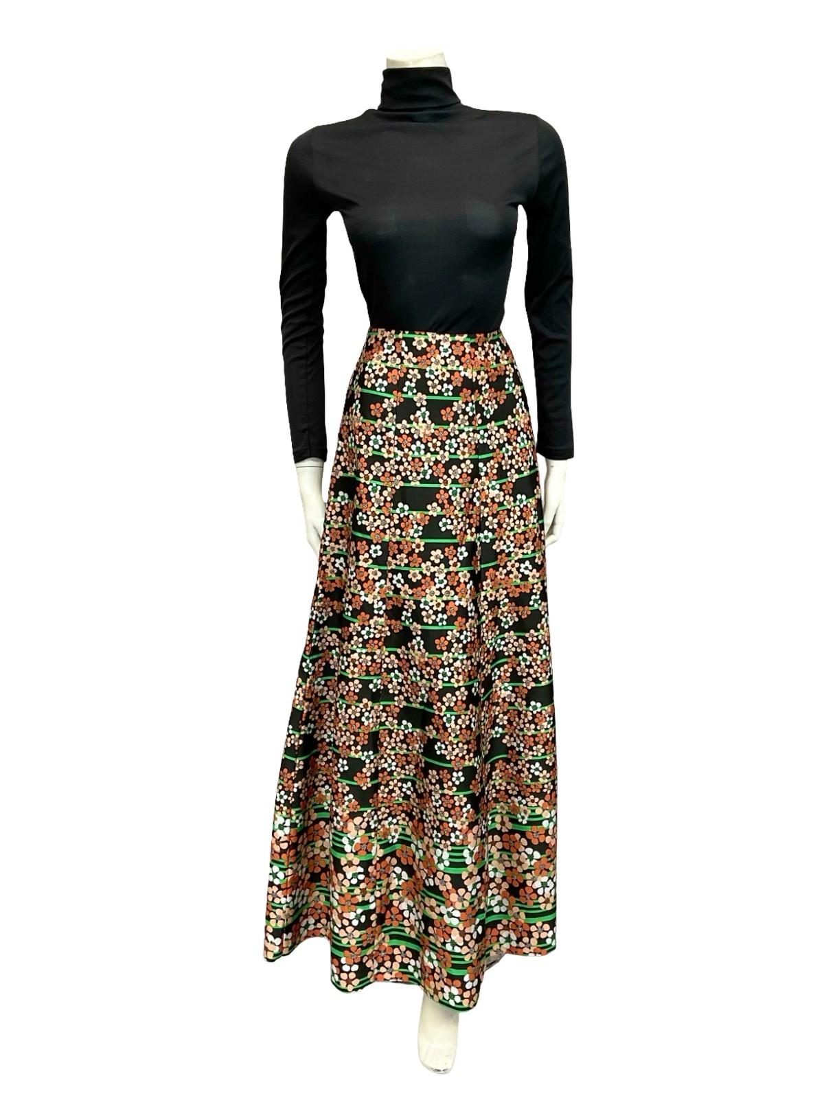 VTG 70S BLACK WHITE BROWN GREEN STRIPE FLORAL BOHO MAXI SKIRT 8