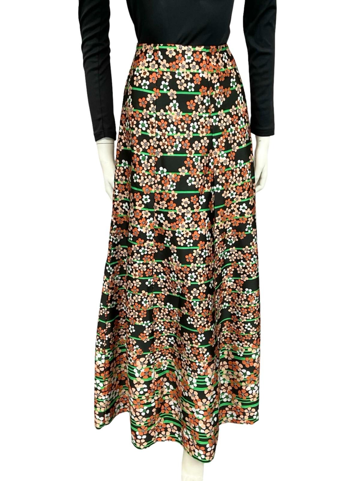VTG 70S BLACK WHITE BROWN GREEN STRIPE FLORAL BOHO MAXI SKIRT 8