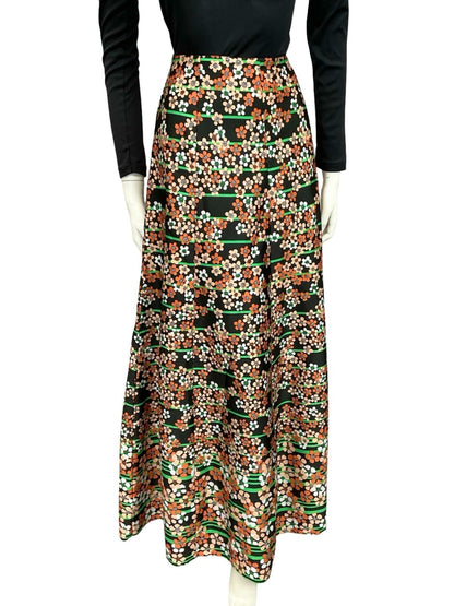 VTG 70S BLACK WHITE BROWN GREEN STRIPE FLORAL BOHO MAXI SKIRT 8