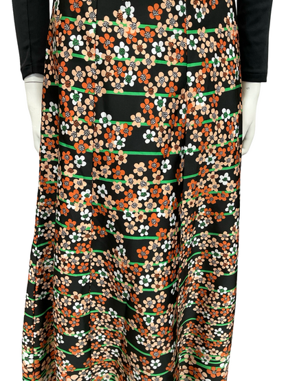 VTG 70S BLACK WHITE BROWN GREEN STRIPE FLORAL BOHO MAXI SKIRT 8