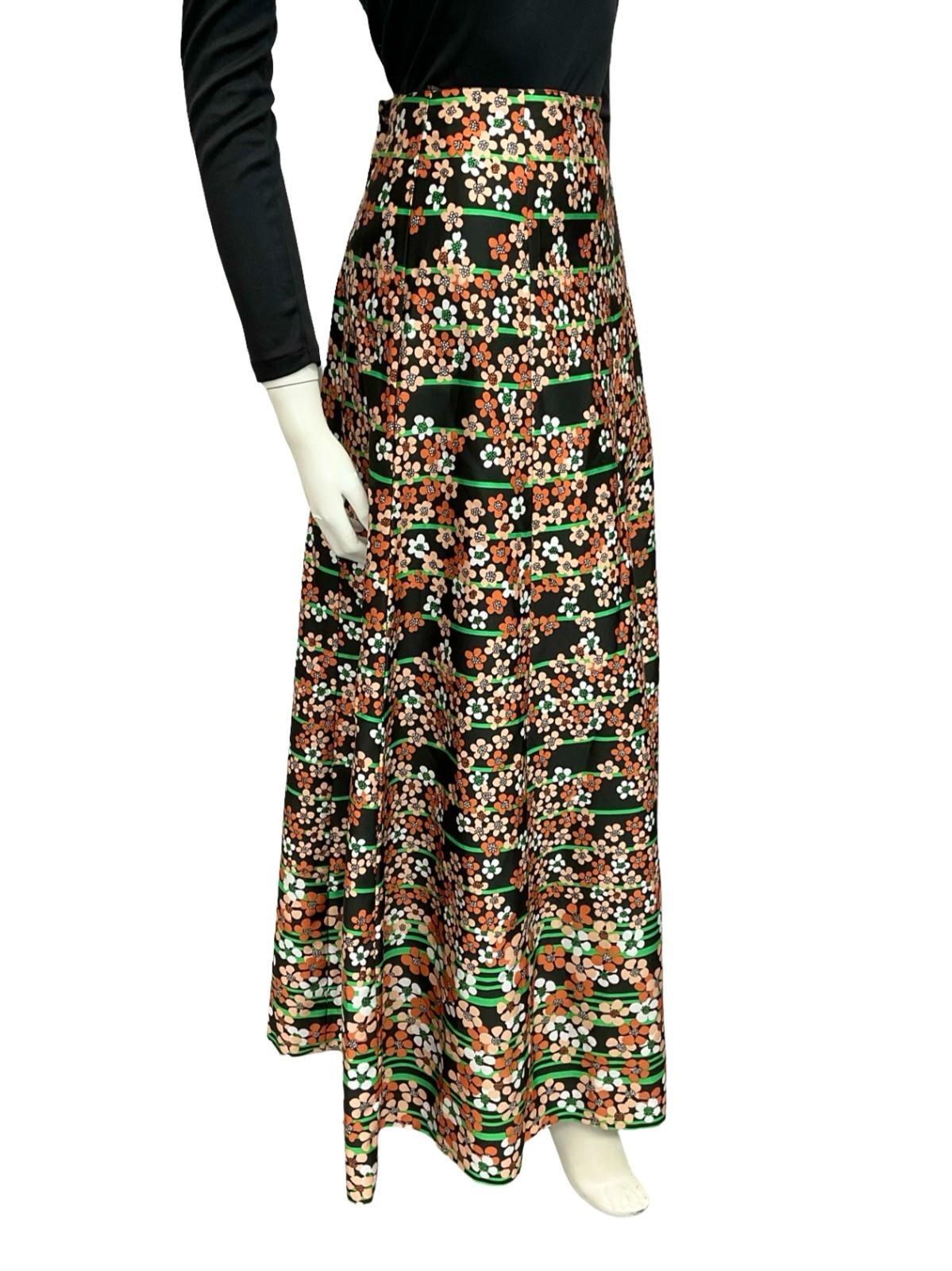 VTG 70S BLACK WHITE BROWN GREEN STRIPE FLORAL BOHO MAXI SKIRT 8