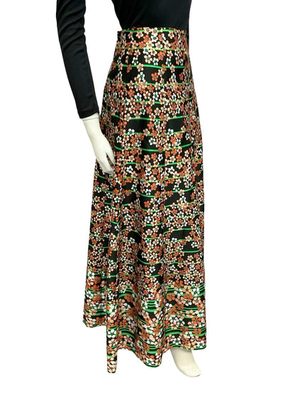 VTG 70S BLACK WHITE BROWN GREEN STRIPE FLORAL BOHO MAXI SKIRT 8
