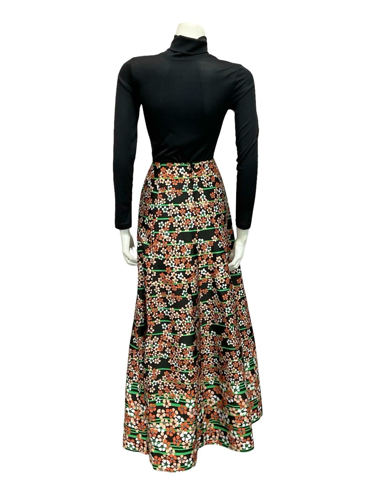 VTG 70S BLACK WHITE BROWN GREEN STRIPE FLORAL BOHO MAXI SKIRT 8