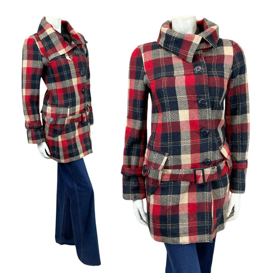 VTG 90S DOES 70S NAVY BLUE CREAM RED MOD ASYMMETRIC BUCKLE COAT 10