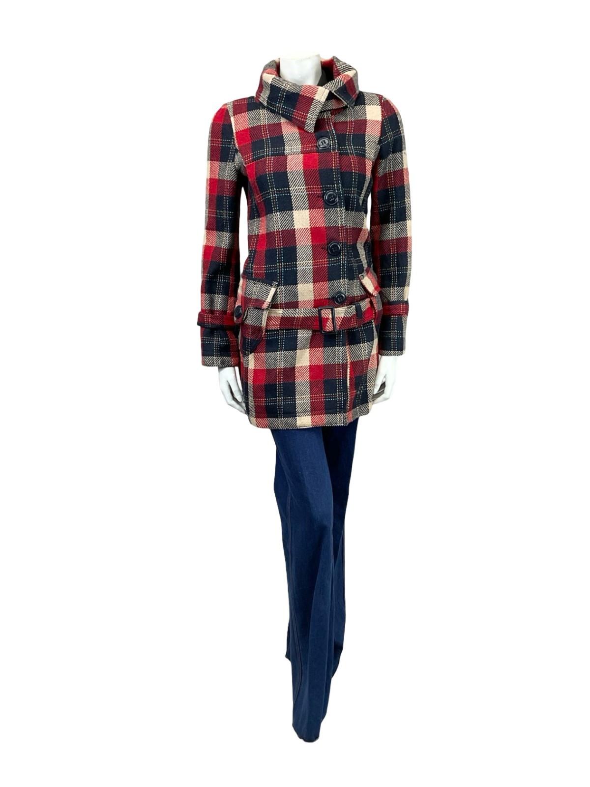 VTG 90S DOES 70S NAVY BLUE CREAM RED MOD ASYMMETRIC BUCKLE COAT 10