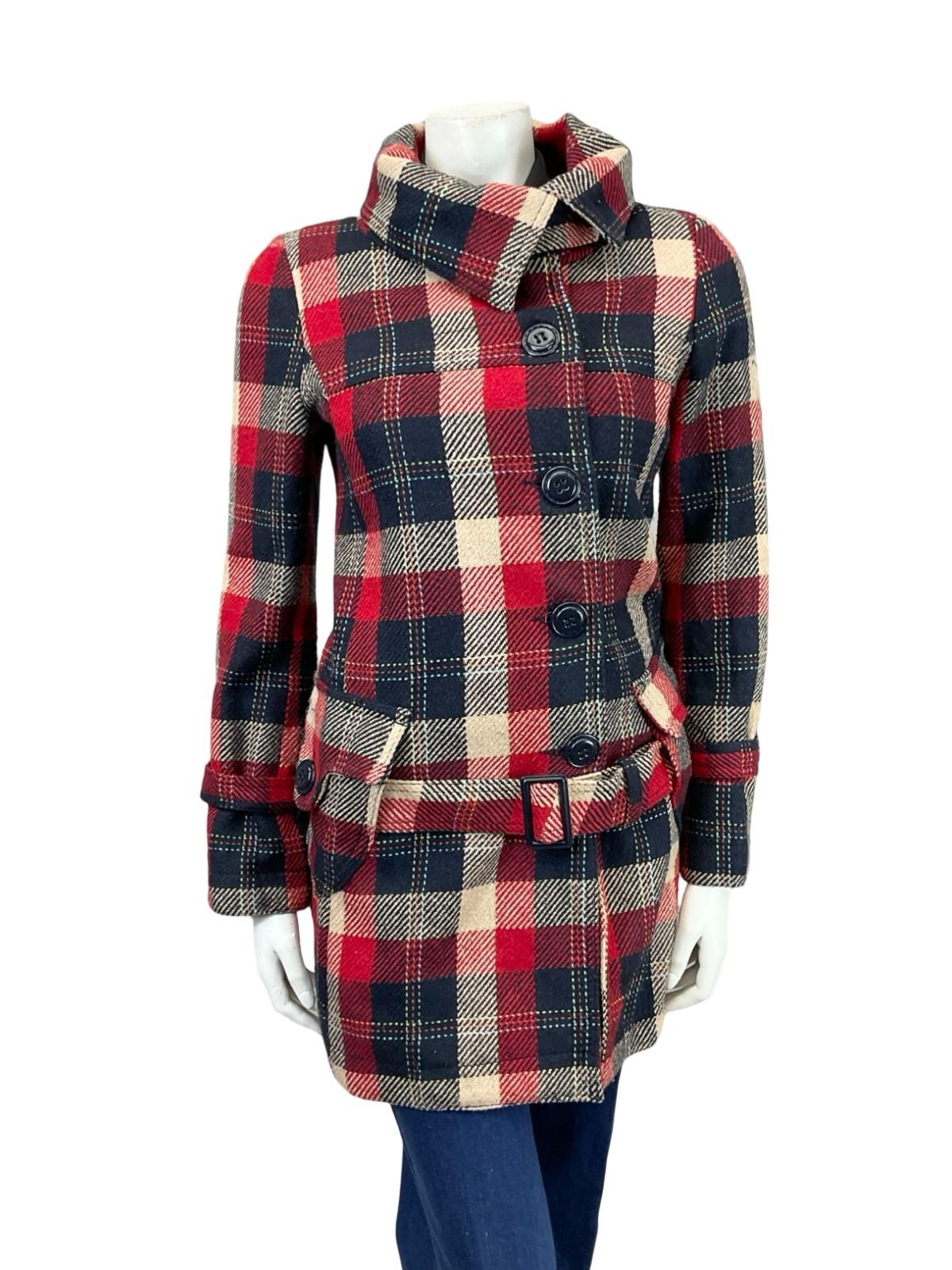 VTG 90S DOES 70S NAVY BLUE CREAM RED MOD ASYMMETRIC BUCKLE COAT 10