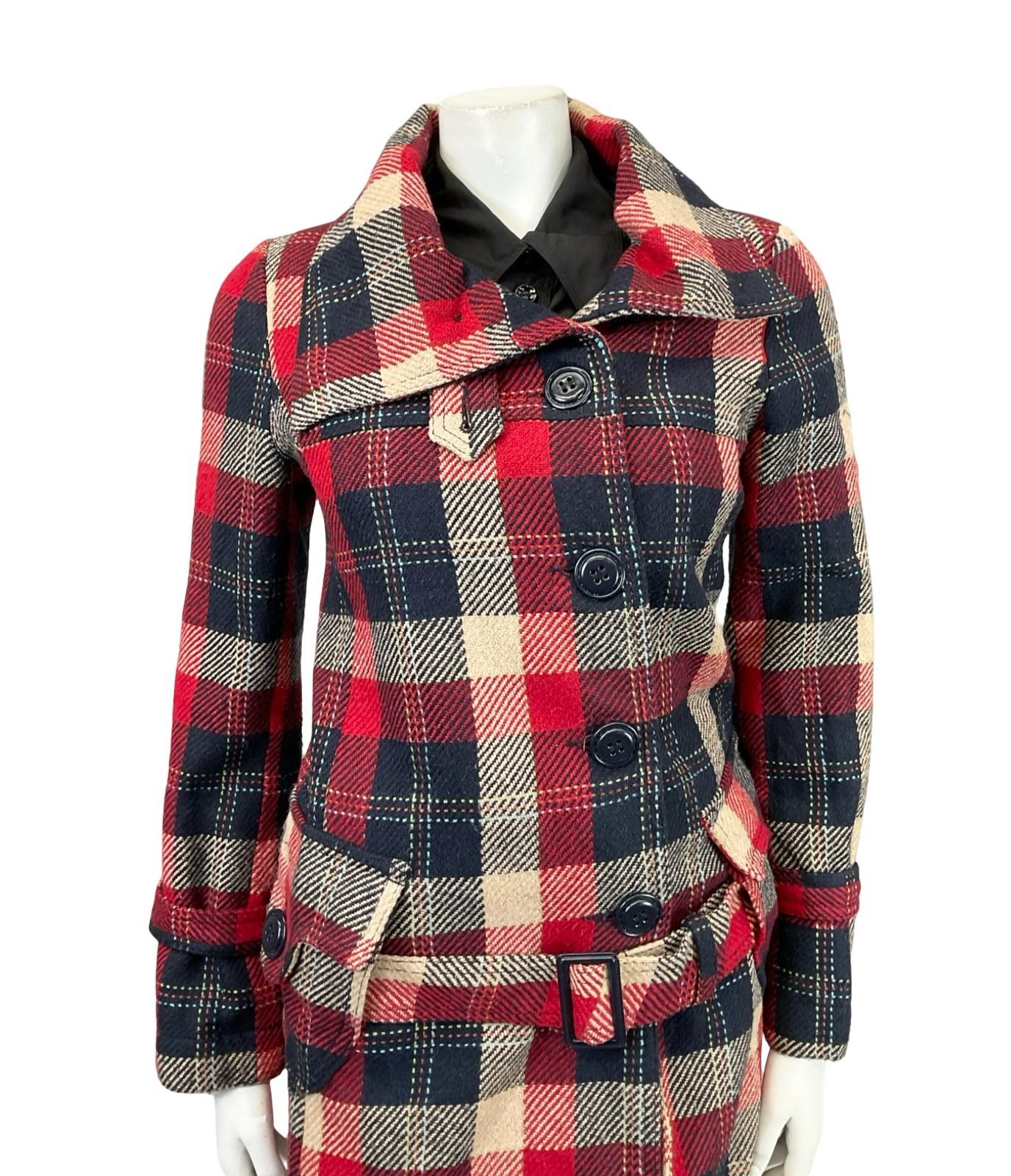 VTG 90S DOES 70S NAVY BLUE CREAM RED MOD ASYMMETRIC BUCKLE COAT 10