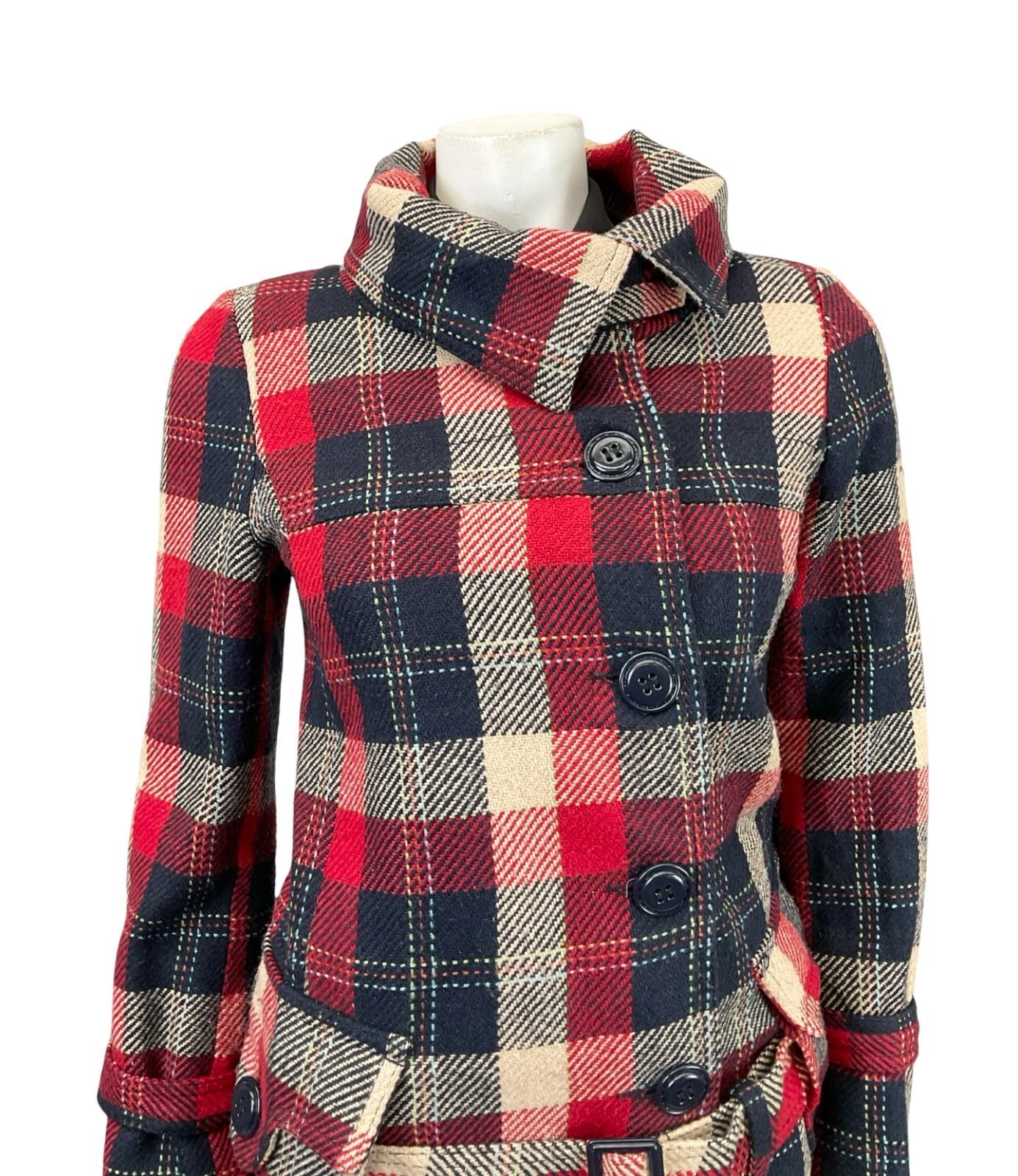 VTG 90S DOES 70S NAVY BLUE CREAM RED MOD ASYMMETRIC BUCKLE COAT 10