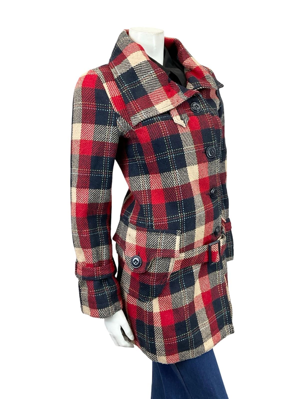 VTG 90S DOES 70S NAVY BLUE CREAM RED MOD ASYMMETRIC BUCKLE COAT 10