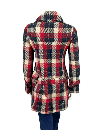 VTG 90S DOES 70S NAVY BLUE CREAM RED MOD ASYMMETRIC BUCKLE COAT 10